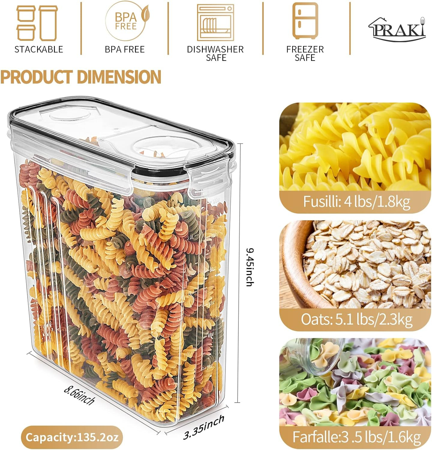PRAKI Cereal Containers Storage Set (4L,135.2 Oz), 4PCS Airtight Food Storage Co