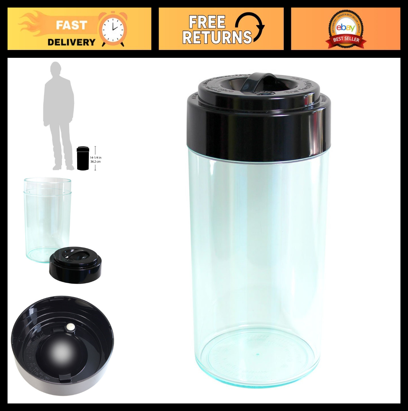 Bulk Dry Goods Storage Container – 5 lb Airtight Vacuum Sealed, Clear/Black Cap