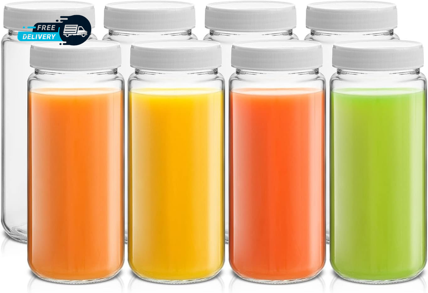 16 Oz Reusable Glass Bottles with Caps Set of 8 Juicing Bottles with Lids