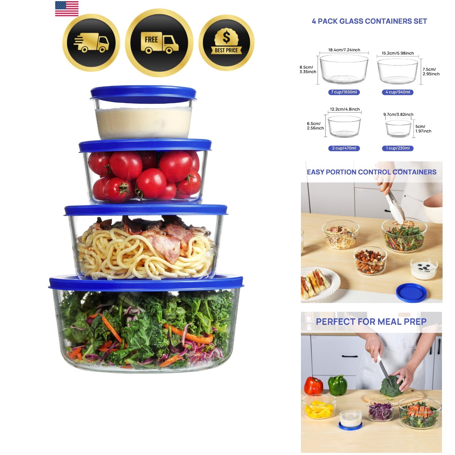 4 Pack Glass Bowls with Lids 1, 2, 4, 7 Cup, Food Storage Containers, Meal Pr…