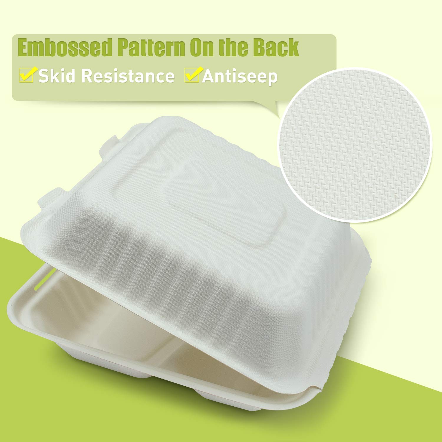 200 Count 8 Inch 3-Compartment Compostable Bagasse Clamshell To Go Food Boxes