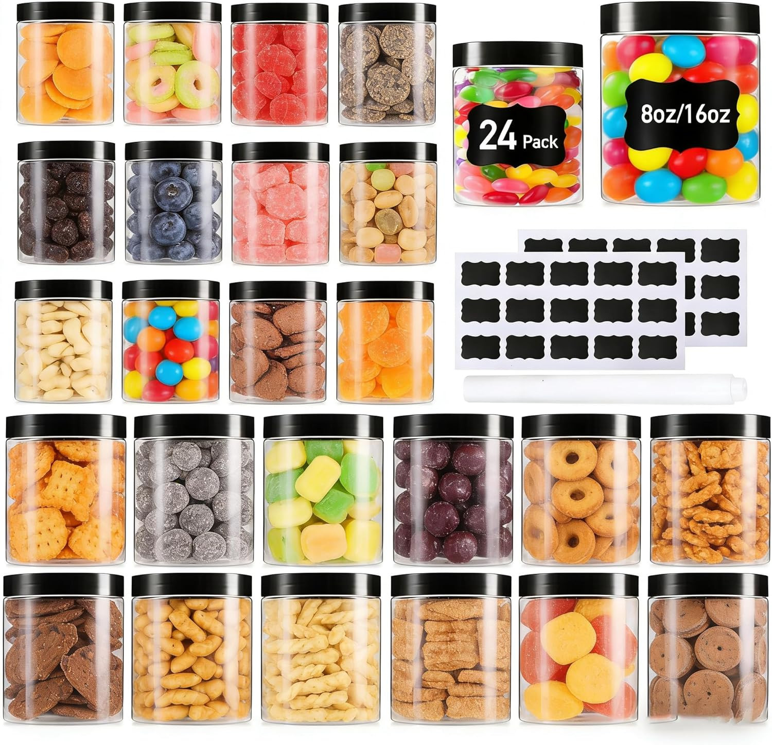 Large Small Plastic Jars Combo 24 Pack 12 16 Oz 8 Leak-Proof Clear Containers