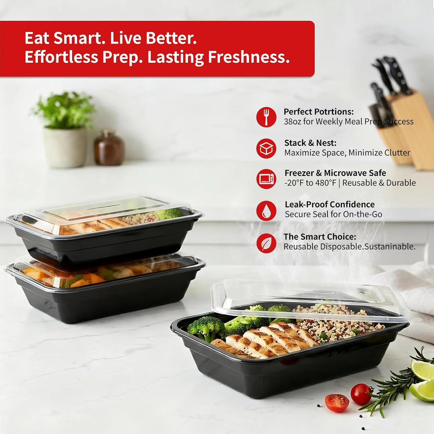 60 Pack 38 Oz Meal Prep Containers Reusable, Plastic Food Storage Container with