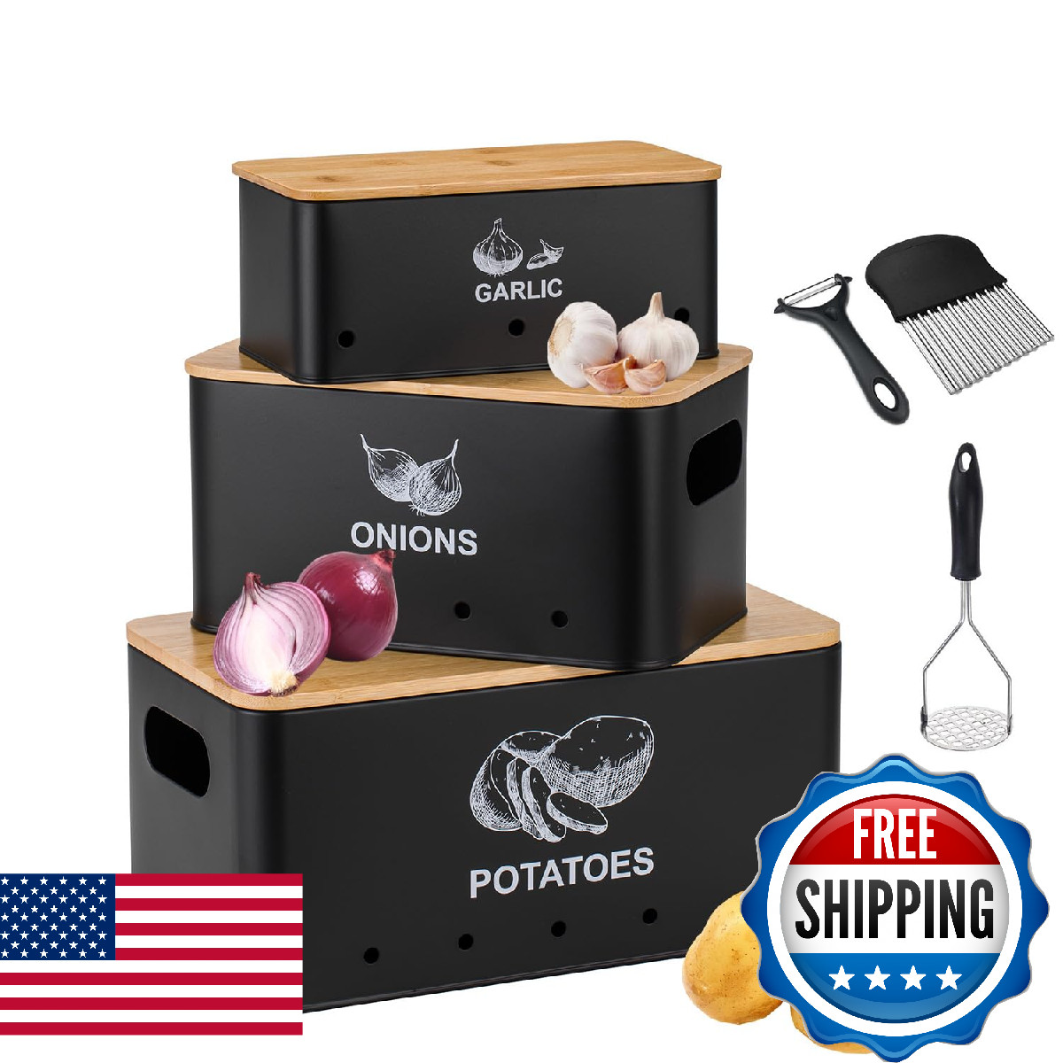 Aeunkiuo Metal Onion Garlic Potato Storage Set Kitchen Vegetable Storage Tins