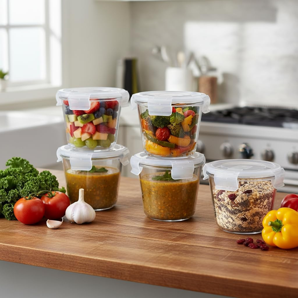 H.JSS WDJS 24 Oz Round Glass Food Storage Container set, 3 Cup Round Glass Soup