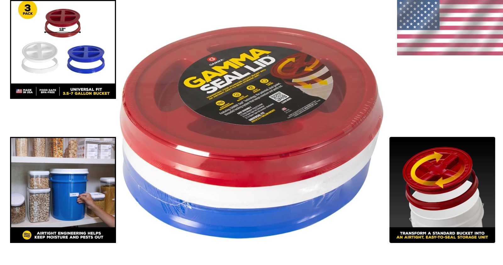 Airtight Bucket Sealers: 3pk Combo in Patriotic Colors