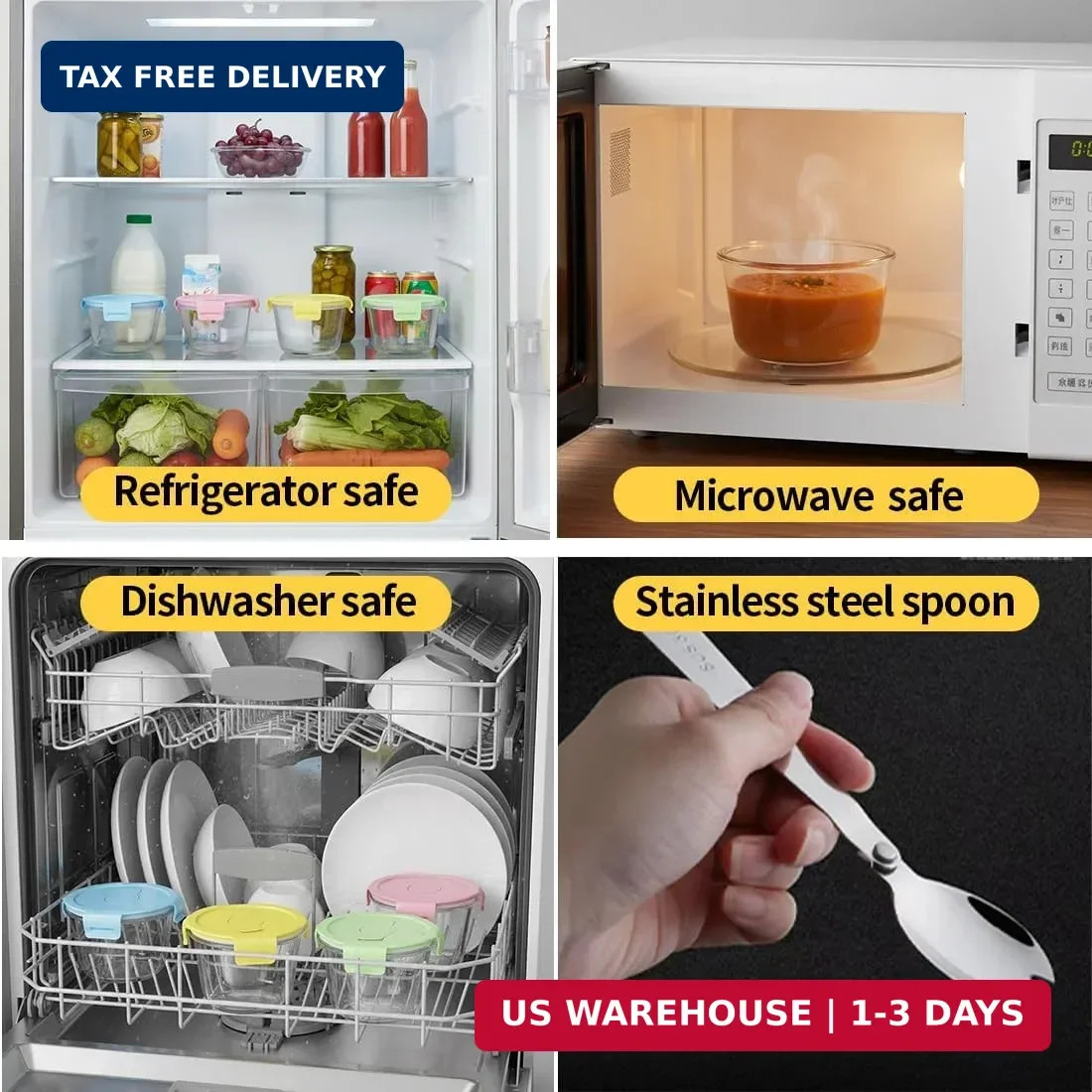 Glass Soup Containers Set of 4 16oz Lids and Spoons Meal Prep Bowls Microwave
