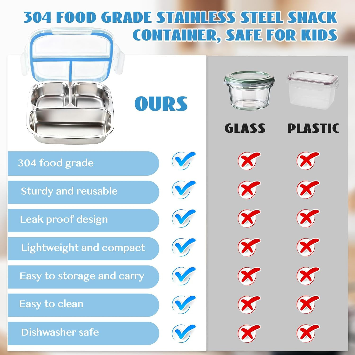Stainless Steel Snack Containers, 3 Compartments Reusable on and Go Bento Box wi