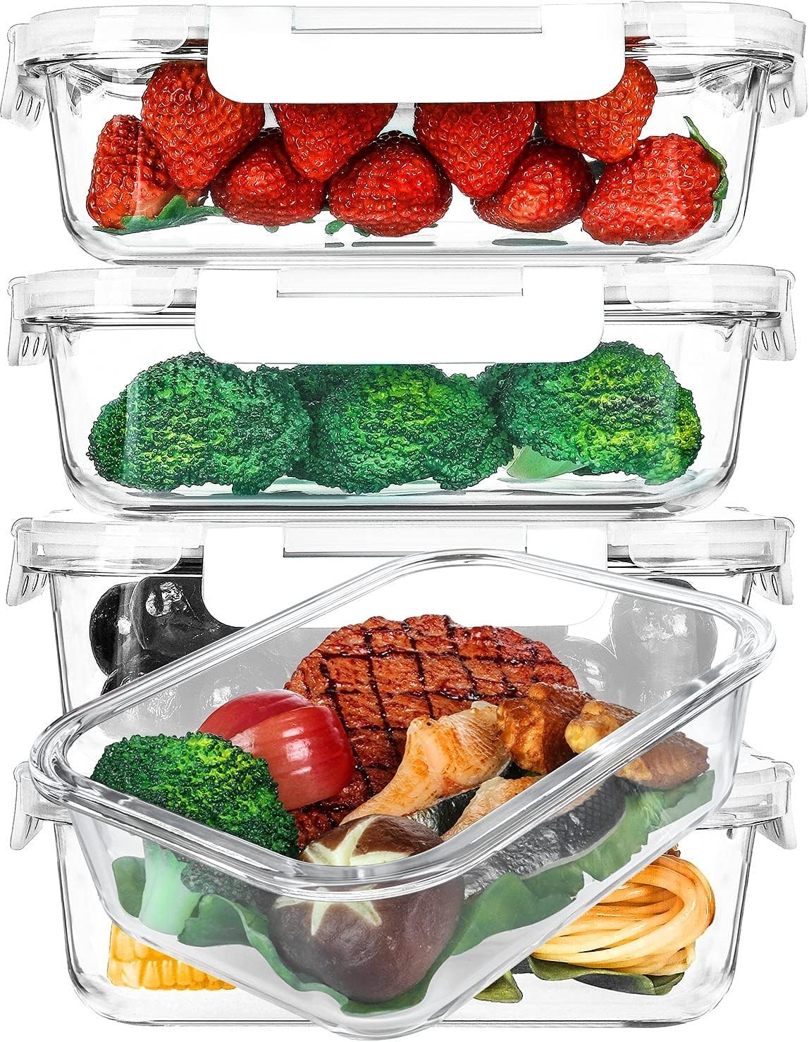 [5-Packs 36 Oz Glass Meal Prep Containers W/ Snap Locking Lids Glass Food