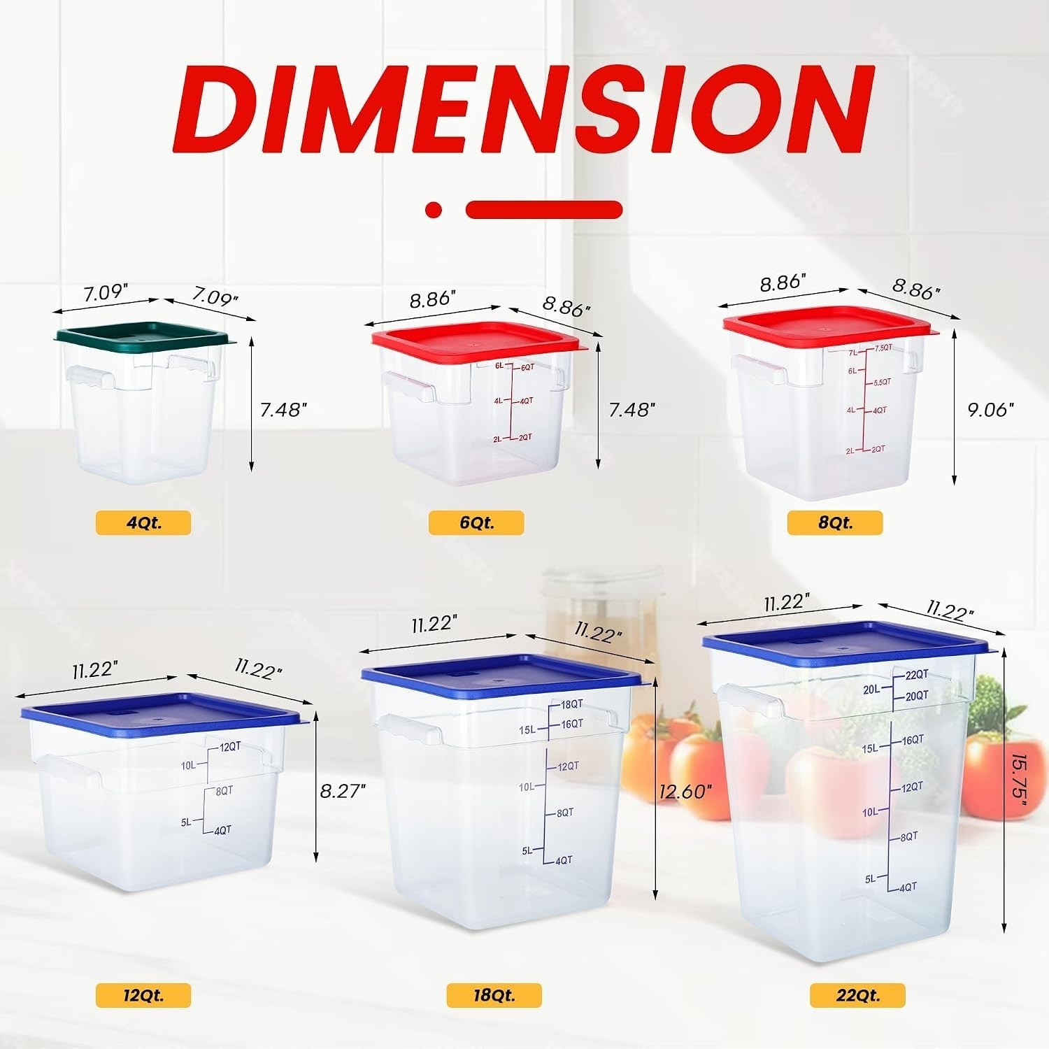 4 Pack 6 Qt Square Polycarbonate Food Storage Containers with BPA-free PC with s
