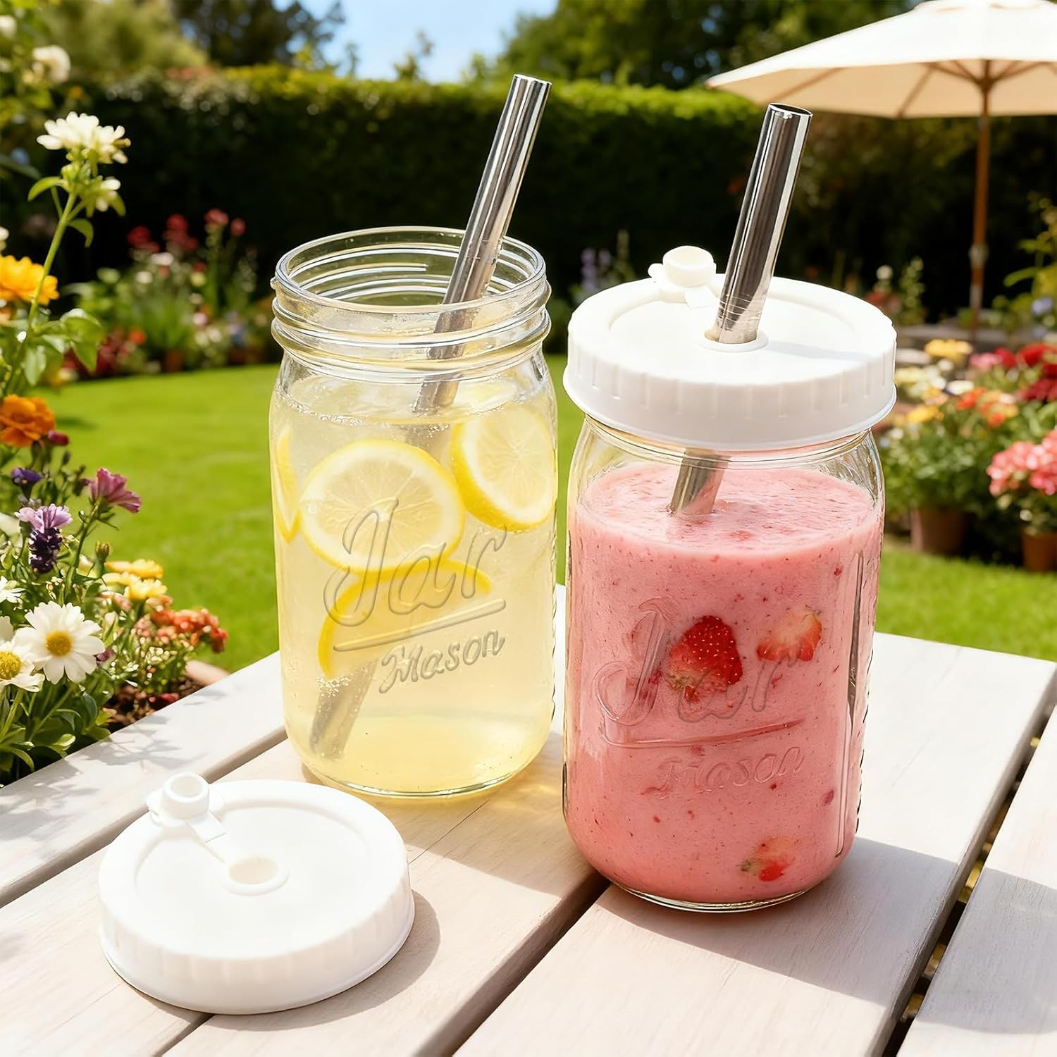 6-Pack Mason Jars Cups W/ Plastic Lids & Straws 32oz Wide Mouth Glass Cups