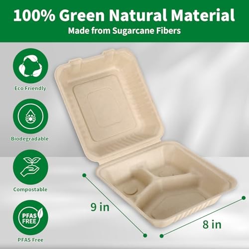 Pack 3 Compartment Compostable 8×9 Inch Takeout Lunch Box 8X9 Inch 100