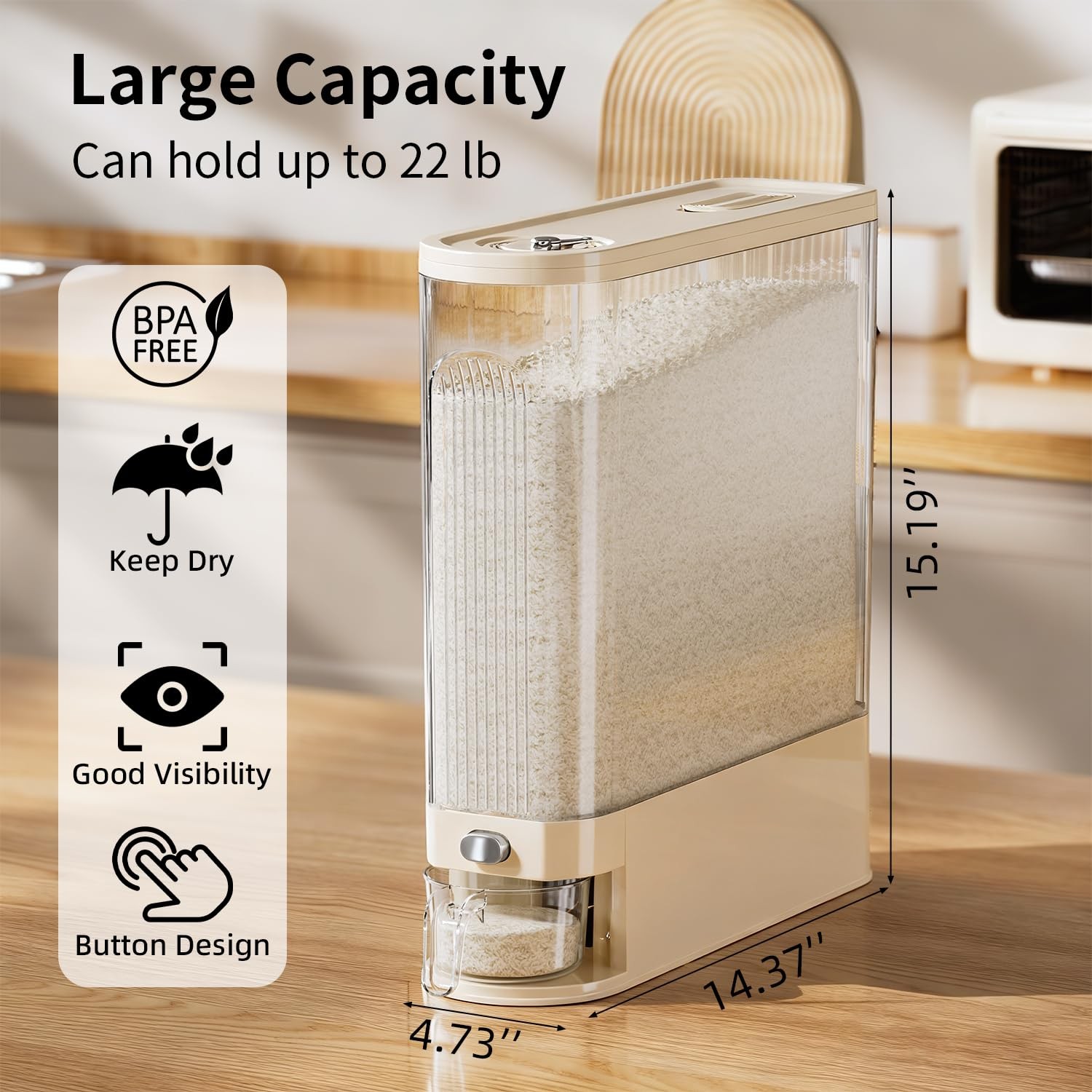 Rice Bucket, 22 lb. Multigrain Can, Visually Sealed Moisture-Proof Rice Stora…