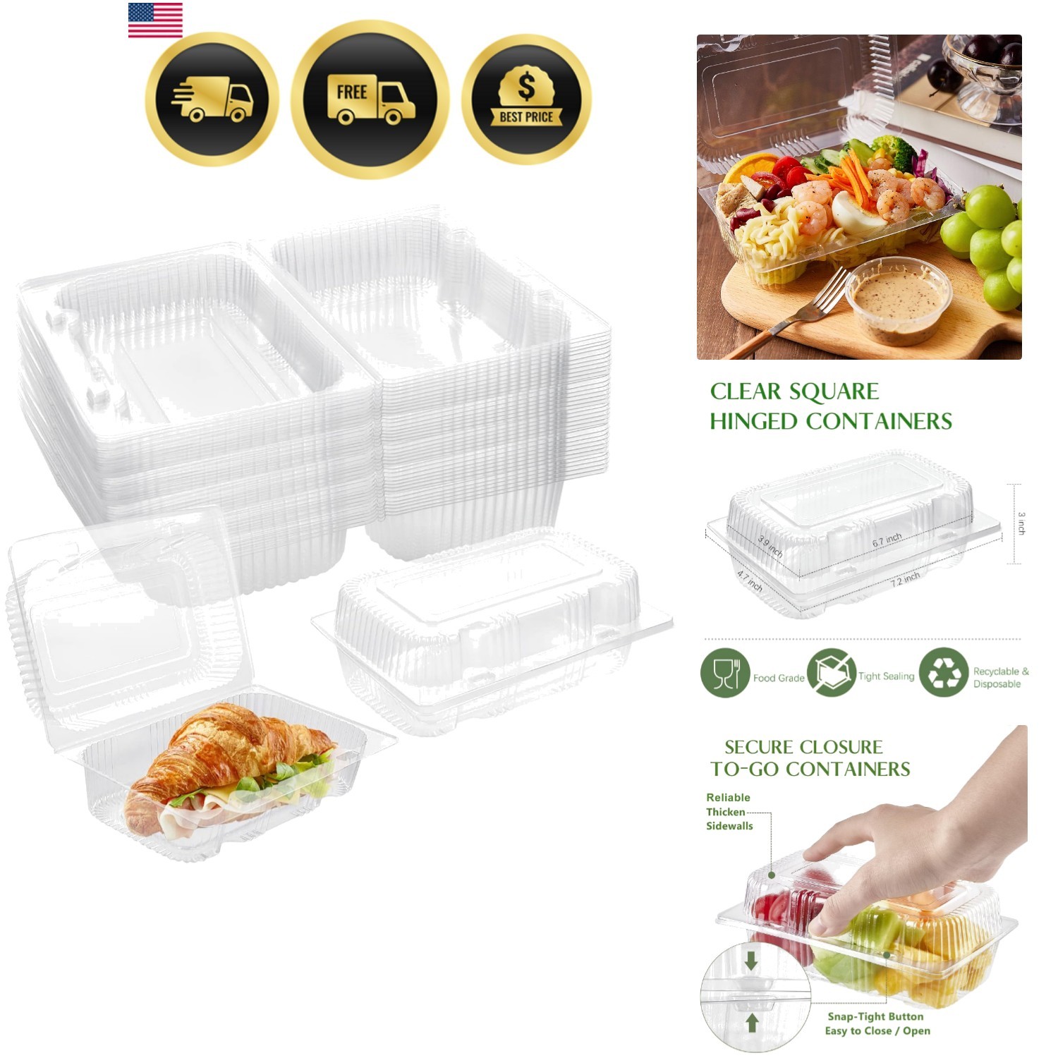 Disposable Sturdy Plastic Hinged Food Containers with Clear Lids 40 Pack Clam…