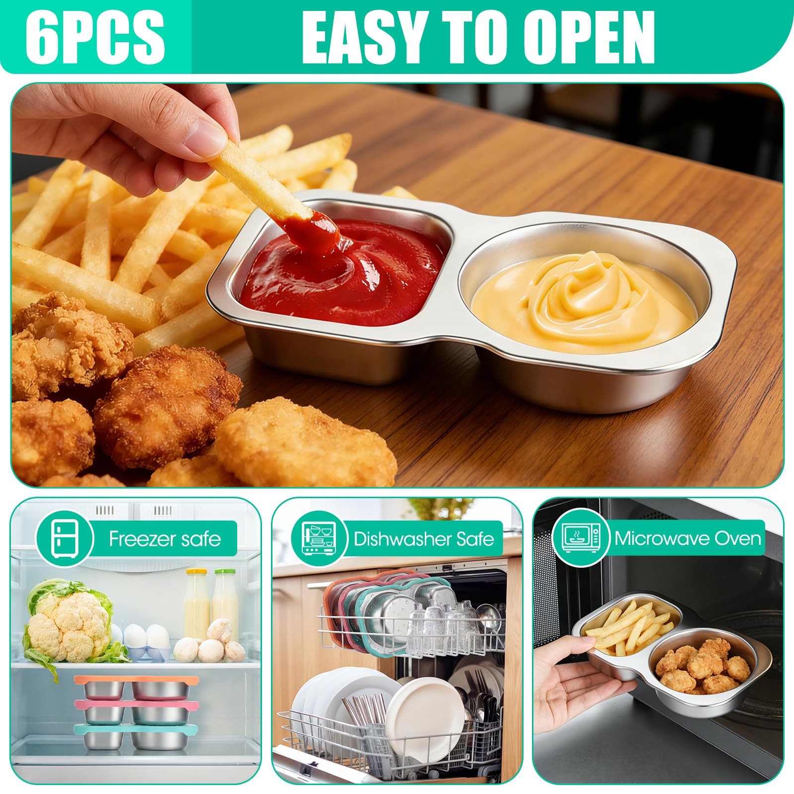 6 Pack Stainless Steel Snack Containers with Lid 5 oz 2 Compartment Condiment…