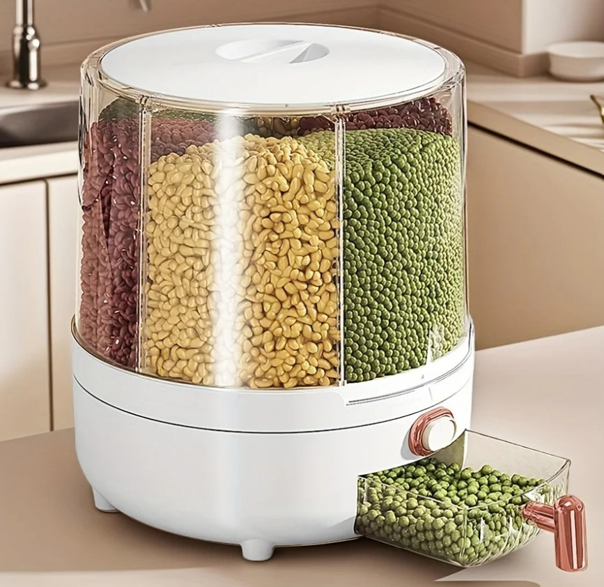 1PCS 6-Compartment 360° Rotating Airtight Grain Storage Container – NEW