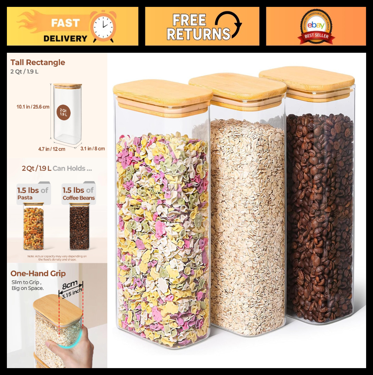 2 Qt Glass Storage Containers Set of 3 with Bamboo Lids – Clear Food Jars, Pantr