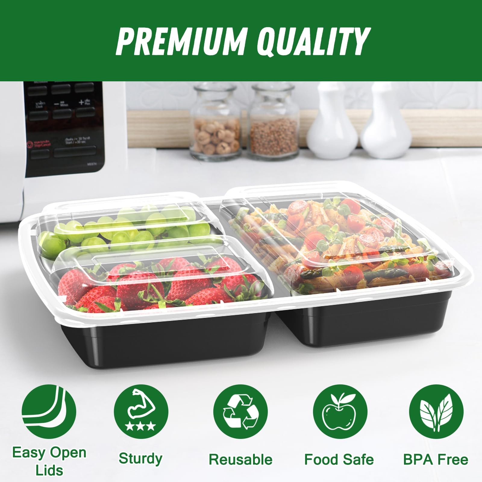 50 Pack (100-Piece) 32 oz Meal Prep Containers Reusable with Lids 3-Compartme…