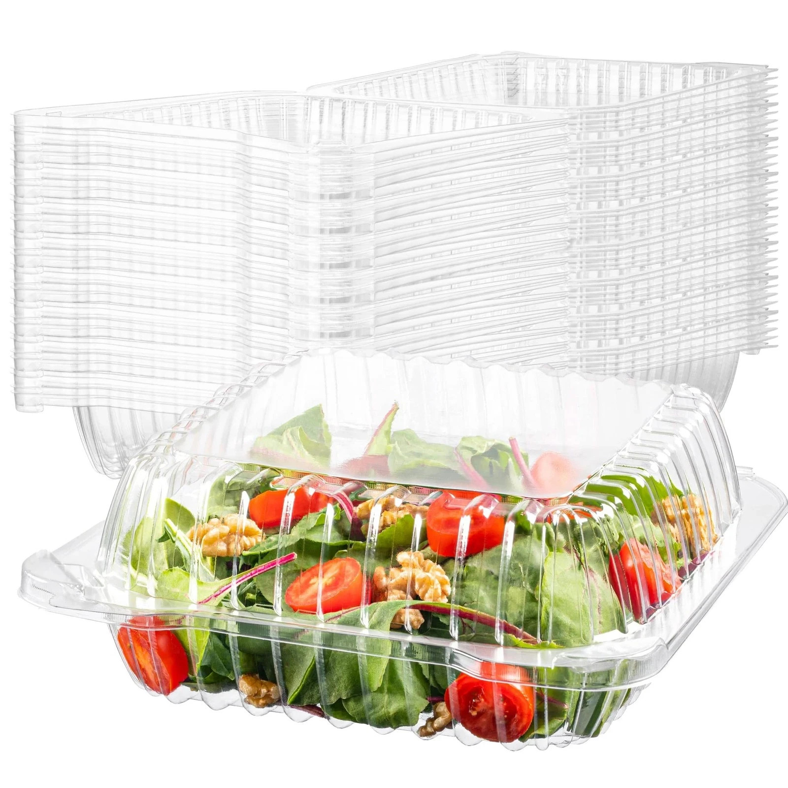 50 Clear Plastic Containers, 8″ X 8″ X 3″ Hinged Lid Togo Clamshell Food Cont…