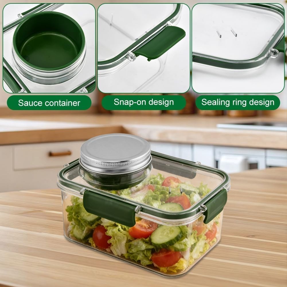 Spynza 34oz Salad Lunch Container Meal Prep Bowl Dressing Cup Fork Green NEW