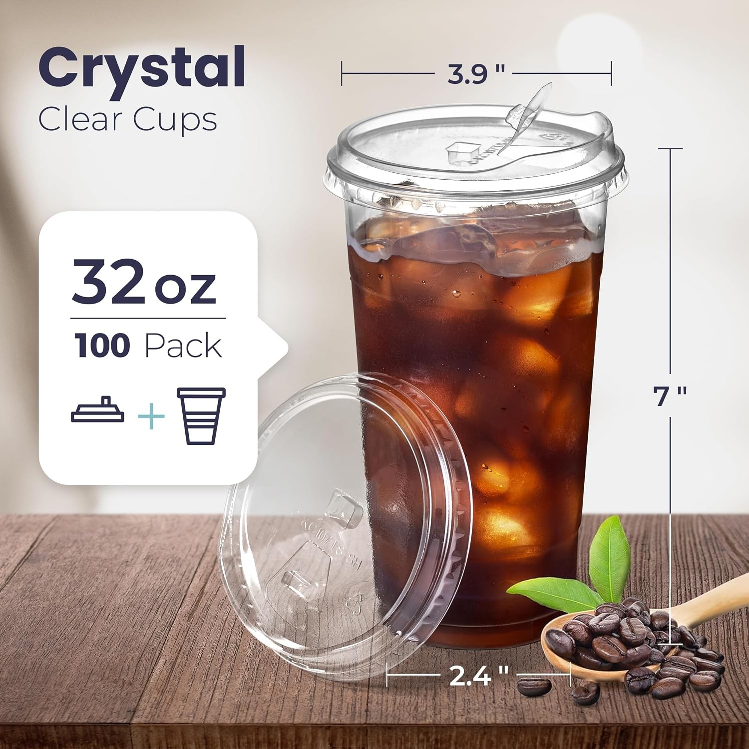 100 Pack 32 oz Clear Plastic Cups with Strawless Sip Lids, Disposable Plastic
