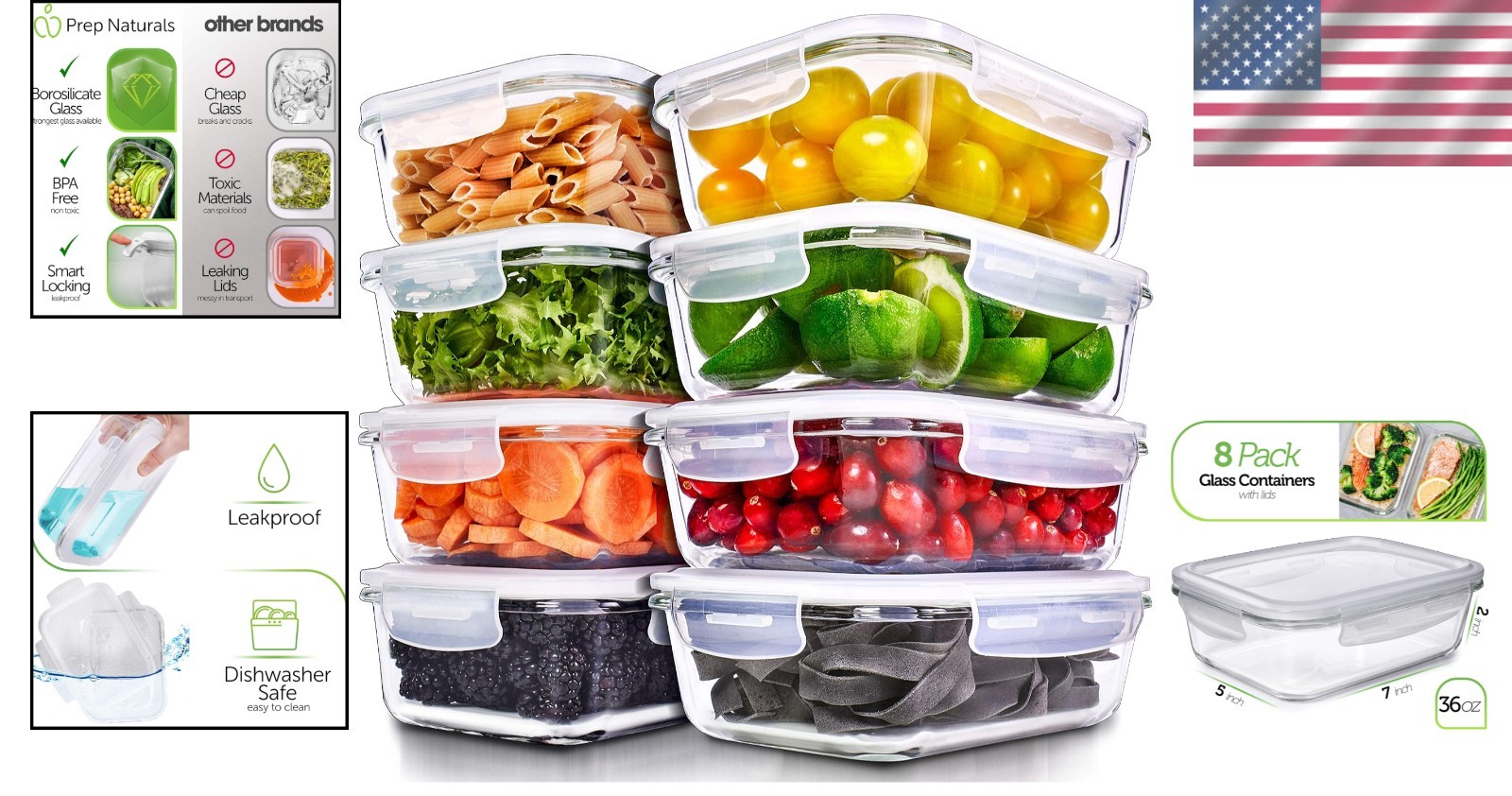 Borosilicate Glass Meal Prep Containers – 8 Pack 36oz