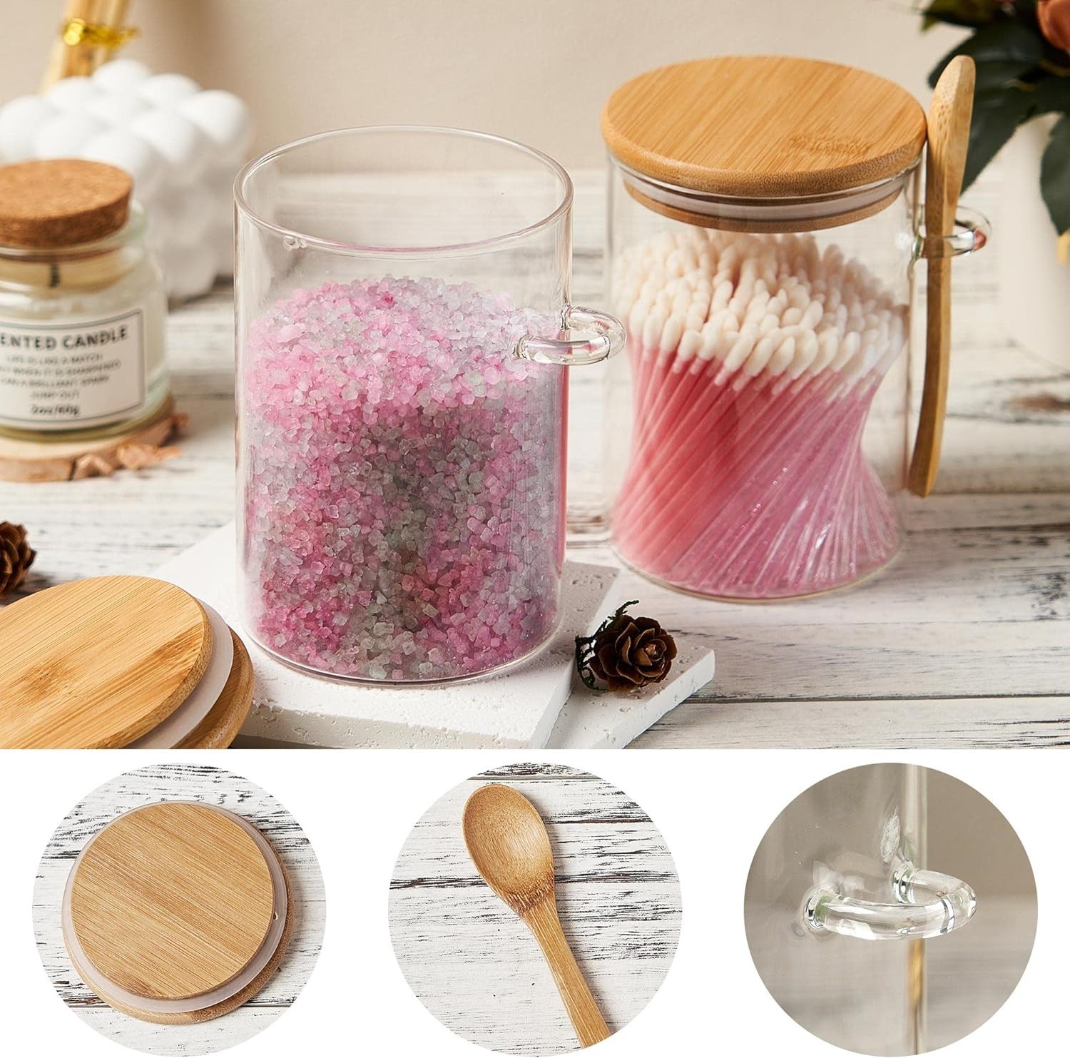 Elegant 15oz Glass Sugar Jar with Bamboo Lid & Spoon – Airtight Kitchen Canister