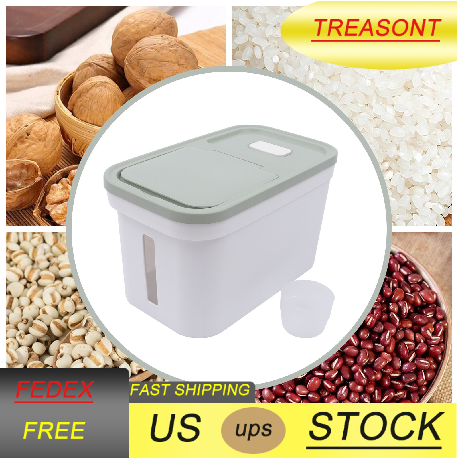 Large Rice Storage Container Food Flour Airtight Box Rice Dispenser W/Cup 10kg
