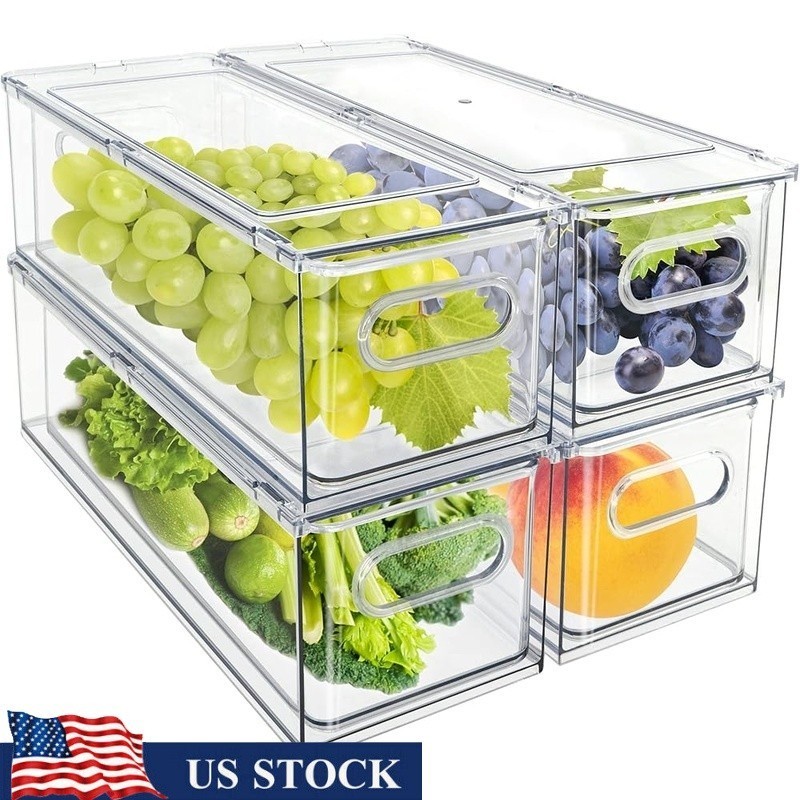 Stackable Fridge Organizer Drawers Clear Plastic Storage Pull Out Bins 4 Pack US