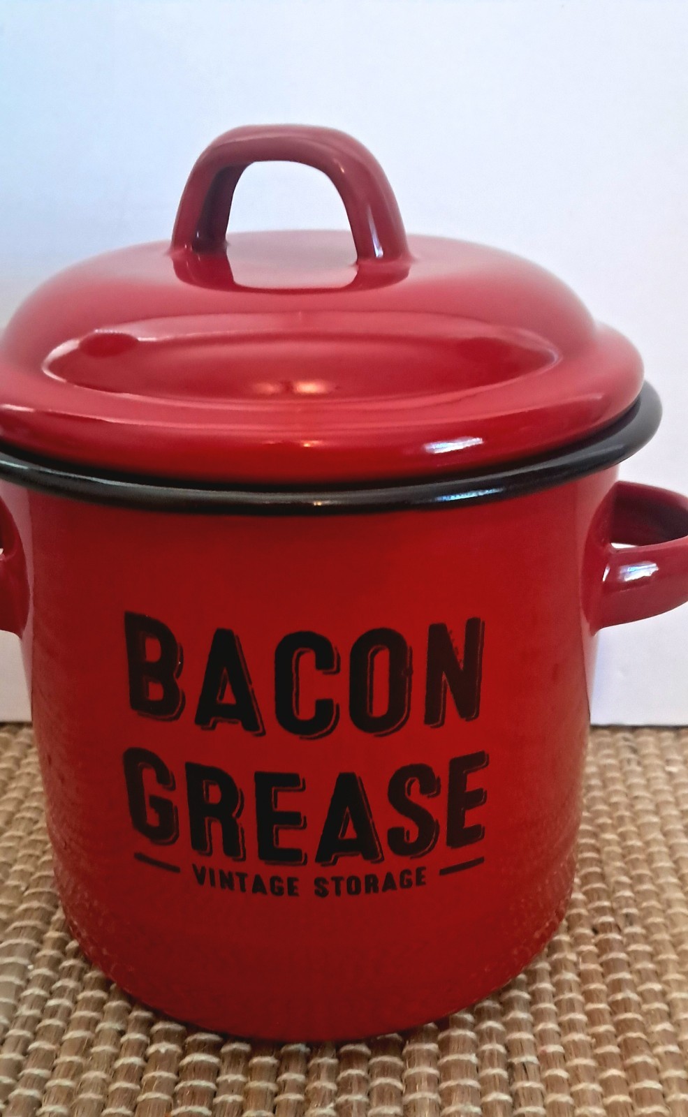 Enamel Bacon Grease Canister Pot with Lid – Rustic Large Capacity Vintage Look