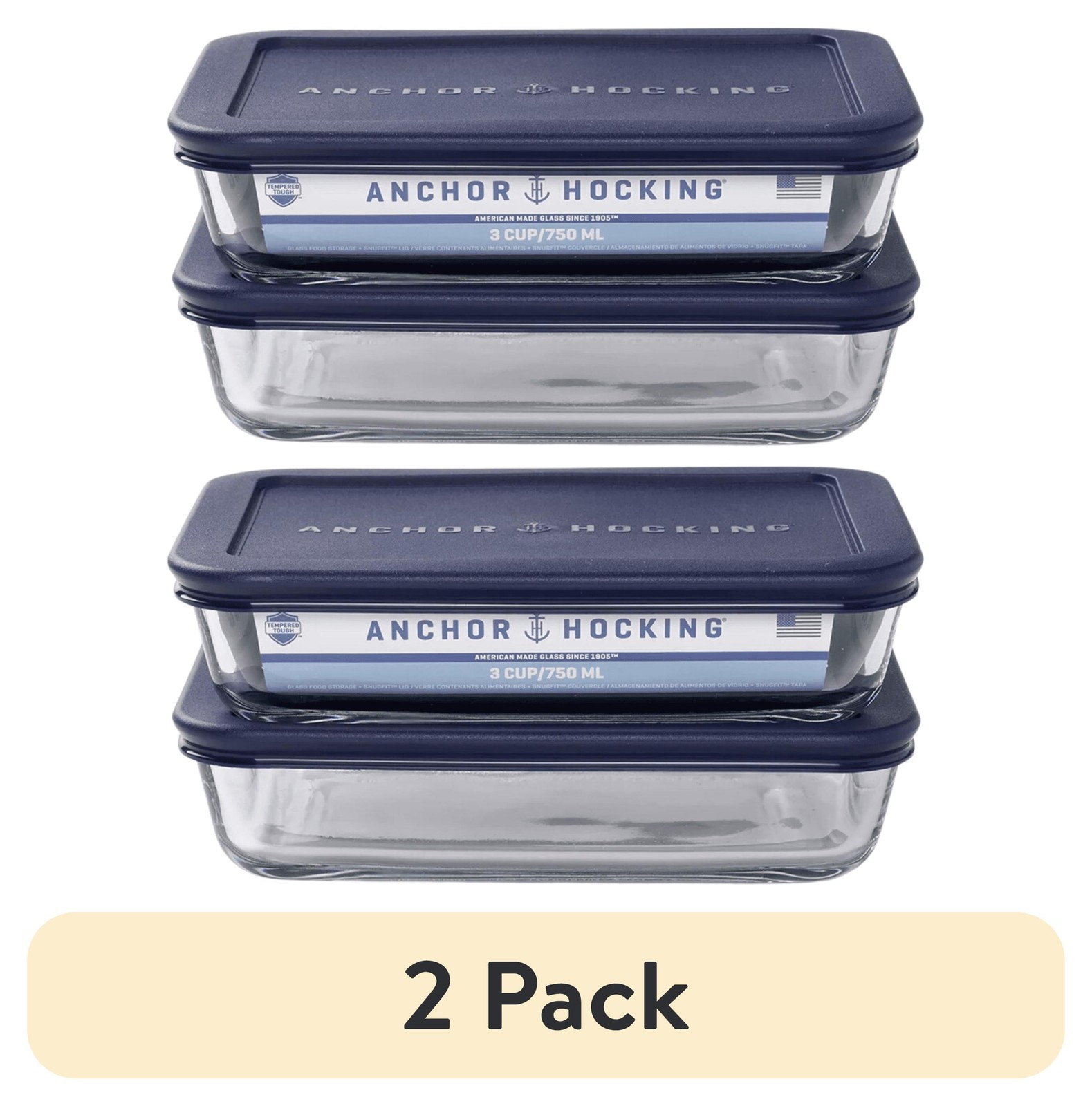 (2 pack) Glass Food Storage Containers with Lids, 3 Cup Rectangular, Set of 2