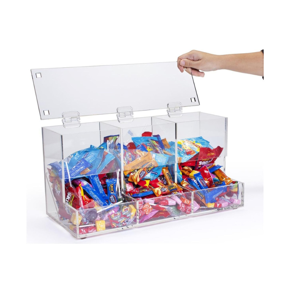 Clear Acrylic Candy Bin 3 Compartments with Hinges Lid Countertop Display