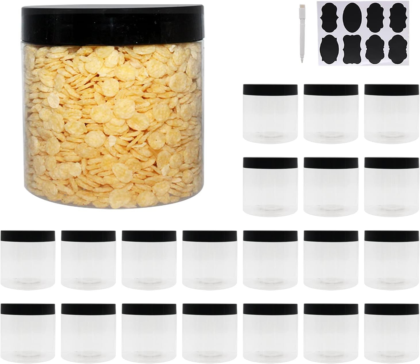 21 Pack 16 Oz Plastic Jars with Lids, Extra Labels, 1 Pen, Clear PET Seal Jar fo