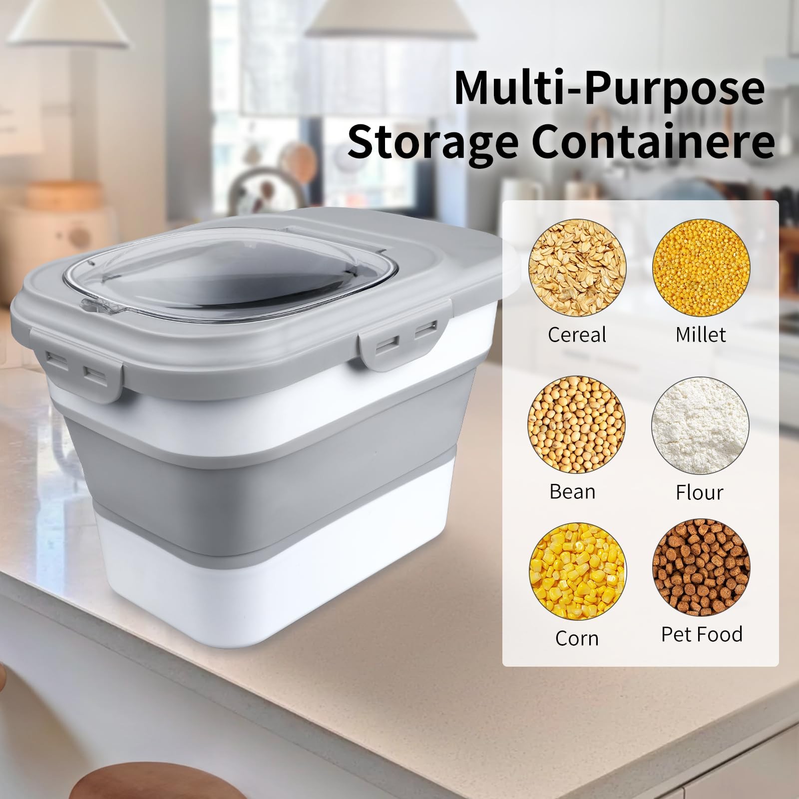 Komzon Rice Storage Container, Collapsible Airtight Food Gray