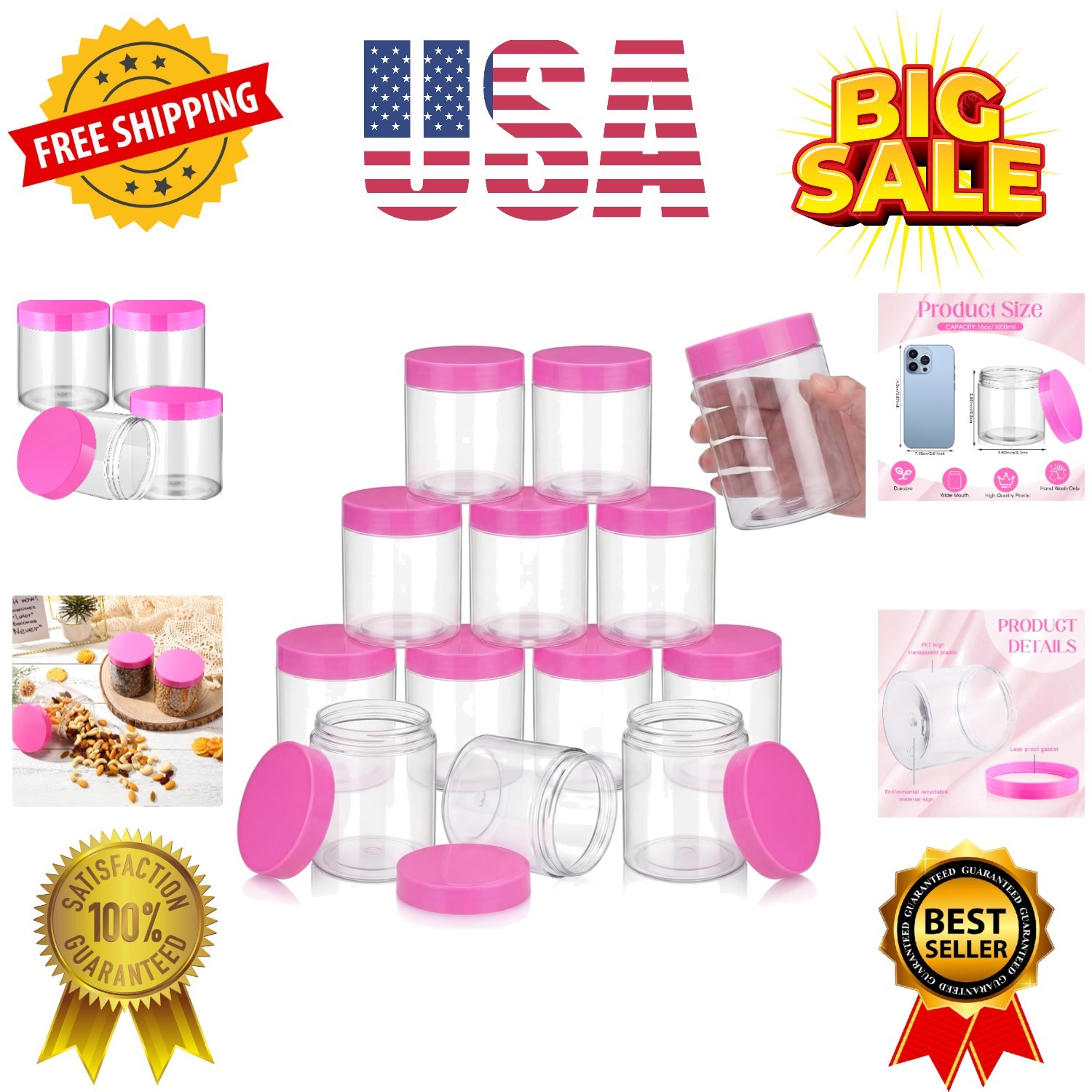 12 Pack 16 oz Plastic Container Jars with Lids Round Clear Travel Cosmetic Co…