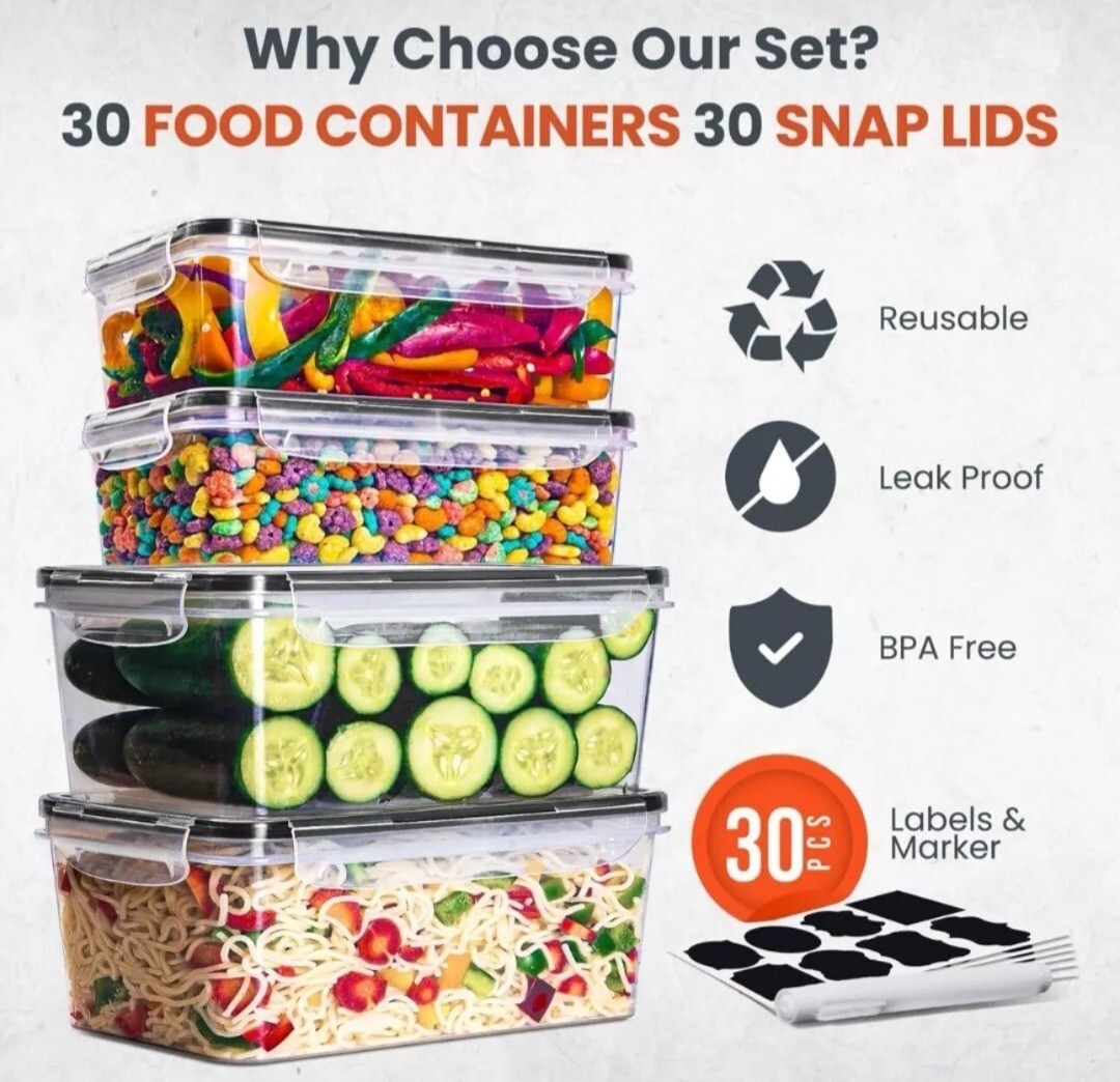 60-Piece Large Food Storage Containers Set Leakproof BPA-Free Plastic Snap Lid