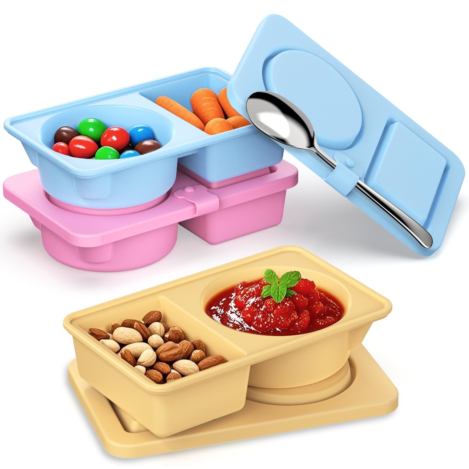 Reusable Snack Containers with Lids Silicone, 3 Pack Double/2 Compartment Sma…