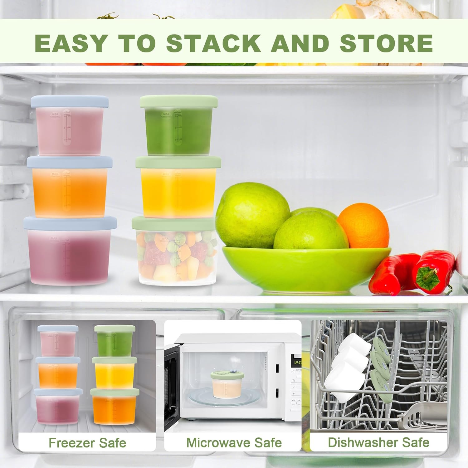 Silicone Baby Food Containers with Date-Tracking Lids, 6-Pack Reusable Snack Con
