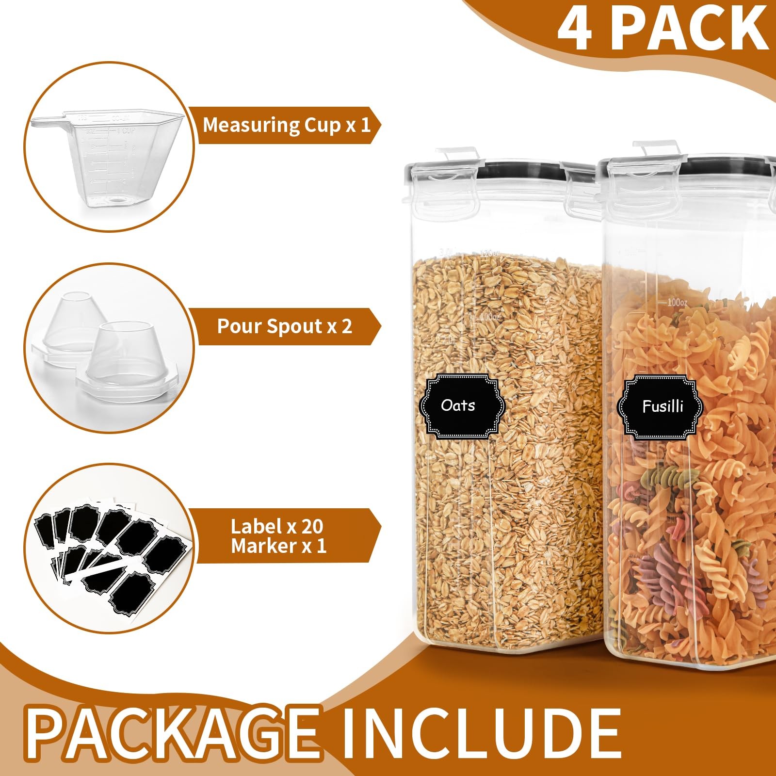 Cereal Containers Storage Set (4L / 135.2oz), 4PCS Airtight Food Storage Cont…