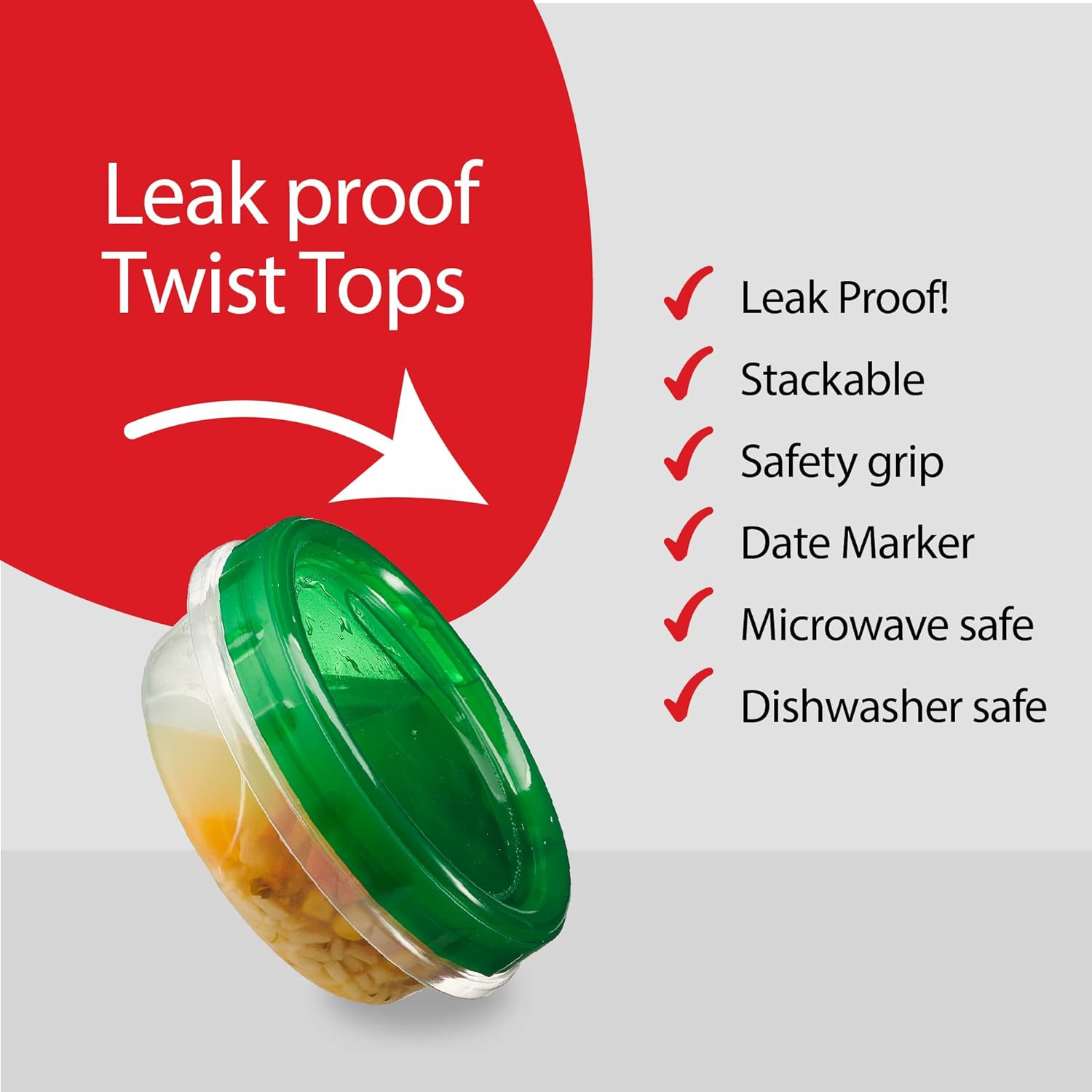 6 Pack Twist Cap Food Storage Containers with Green Screw on Lid- 8 oz Reusable