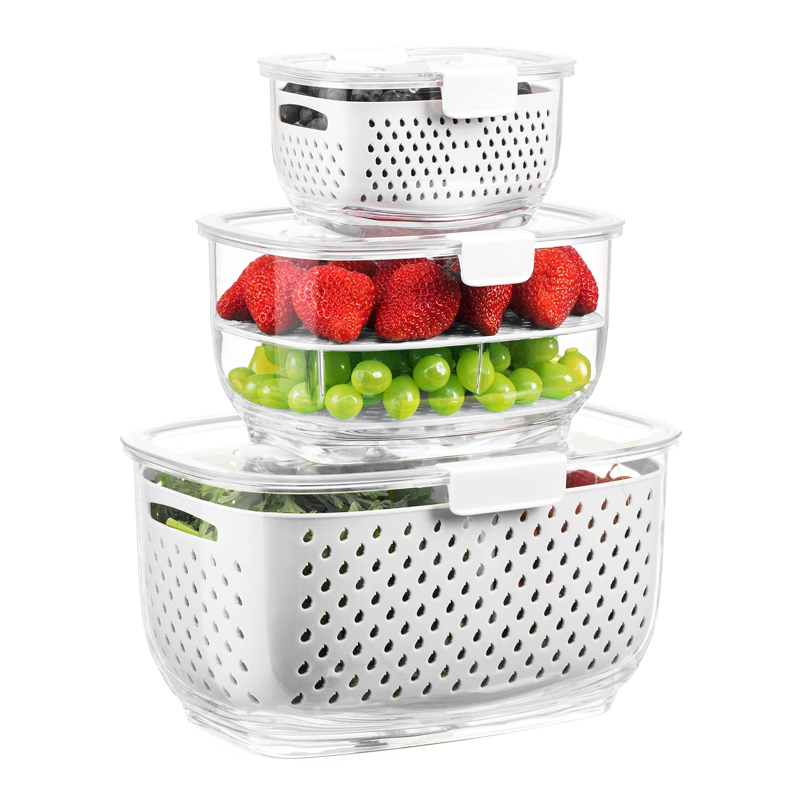 Fresh Produce Storage Containers 3Pcs Set, Bpa Free Fridge Organizer, White