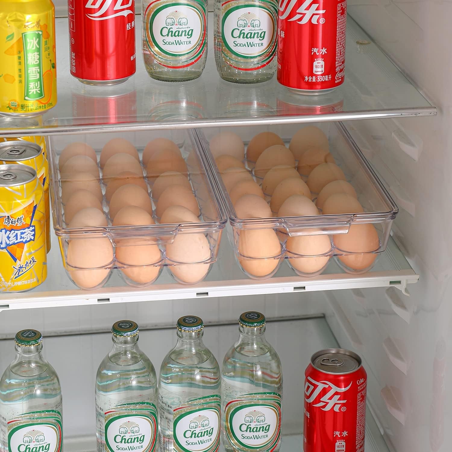 2 Pack Clear Plastic Egg Holders for Refrigerator, Stackable, Holds 18 Eggs