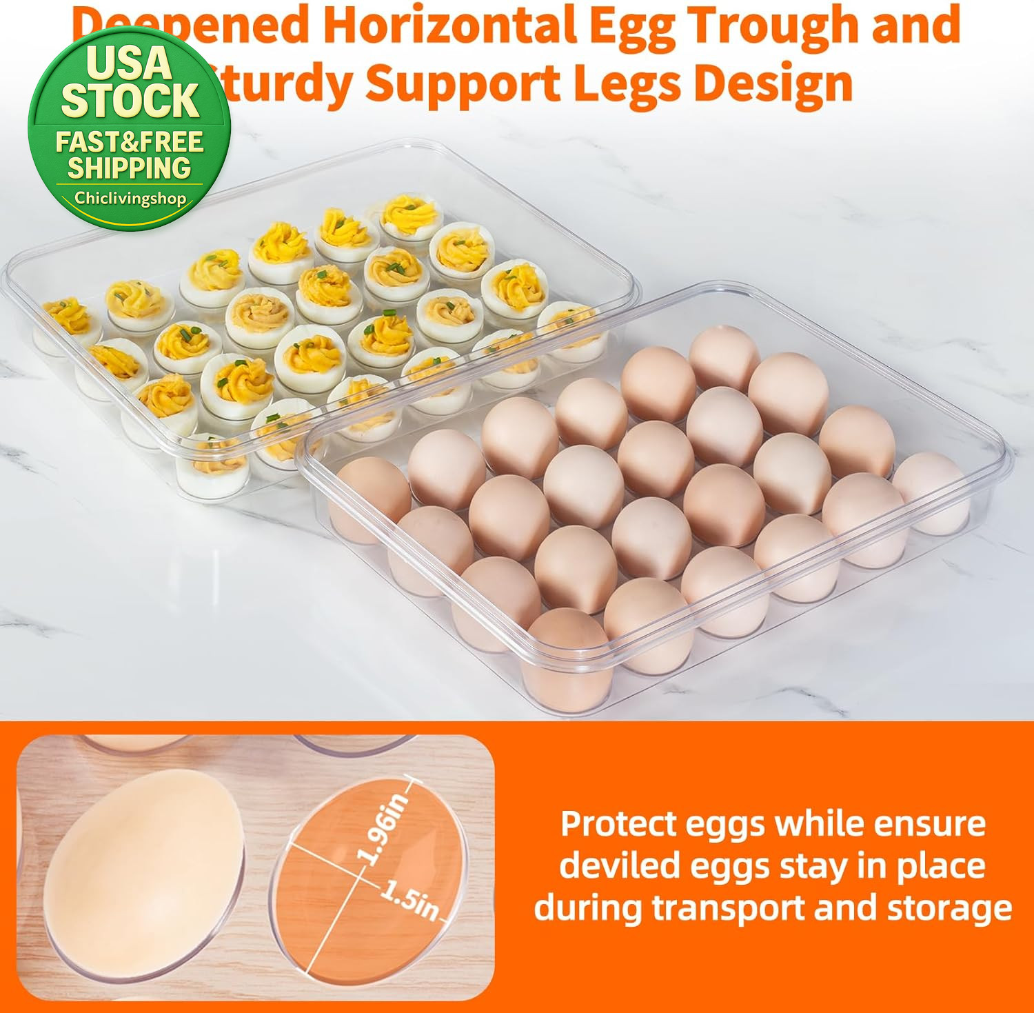 2 Pack Deviled Egg Carrier Tray with Lid Handle Clear Storage Holds 48 Eggs