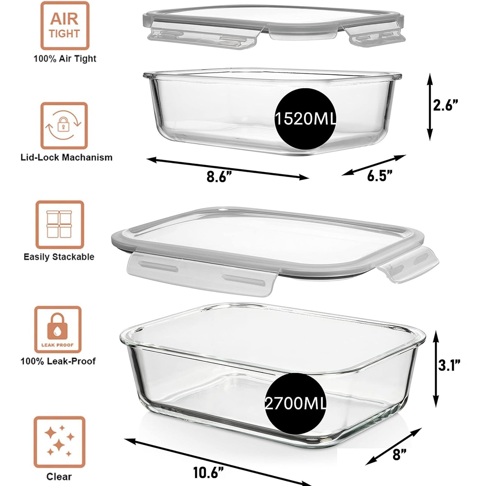 4 Pc (2700ML/ 91 Oz & 1520ML/ 51 Oz) Airtight Large Glass Food Storage Contai…