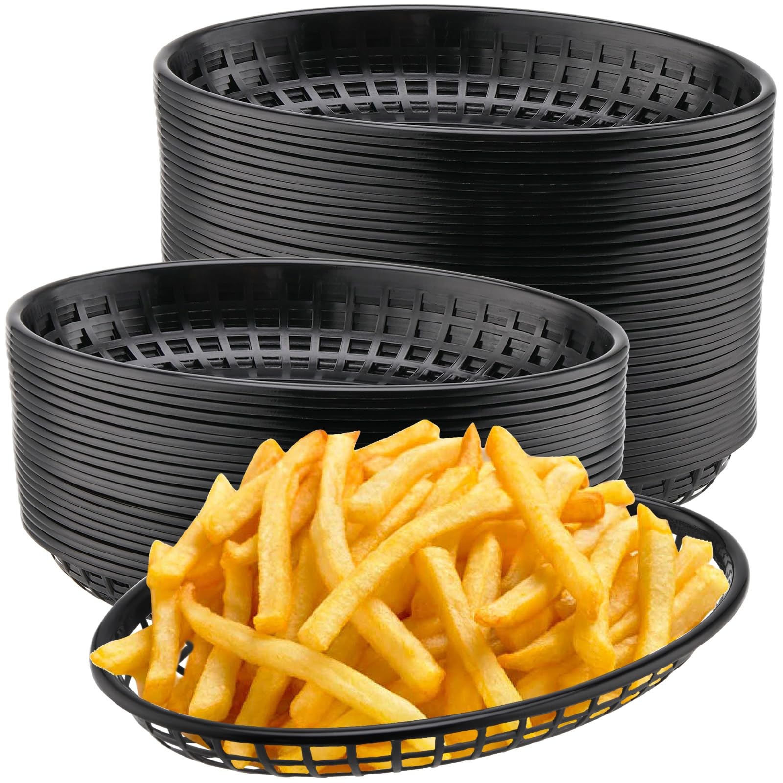 60 Pack 9×5.7×1.6 Inch Black Plastic Fast Food Baskets Oval Serving Tray