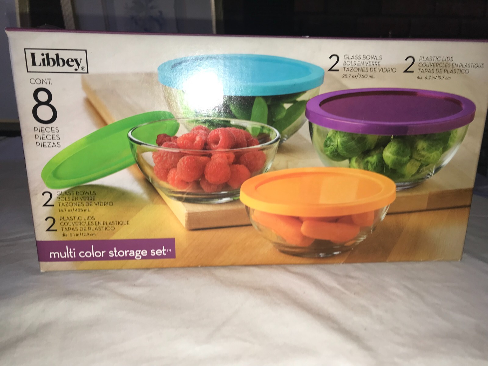 NOS htf LIBBEY Glass 8-Piece SET Food STORAGE Container BOWLS with Plastic LIDS