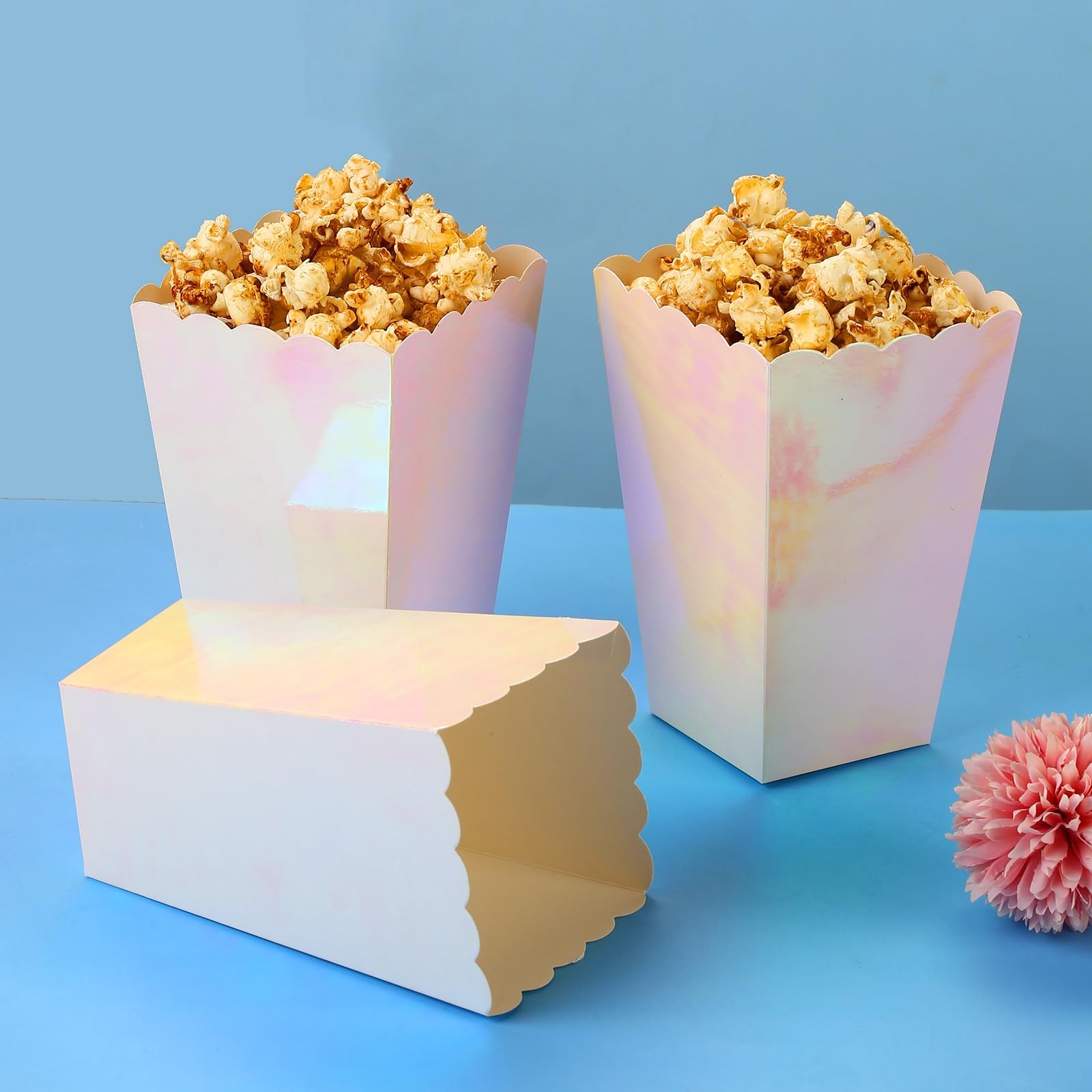 Pink Iridescent Disposable Popcorn Boxes 6.3 Inches Tall Holographic Party De…