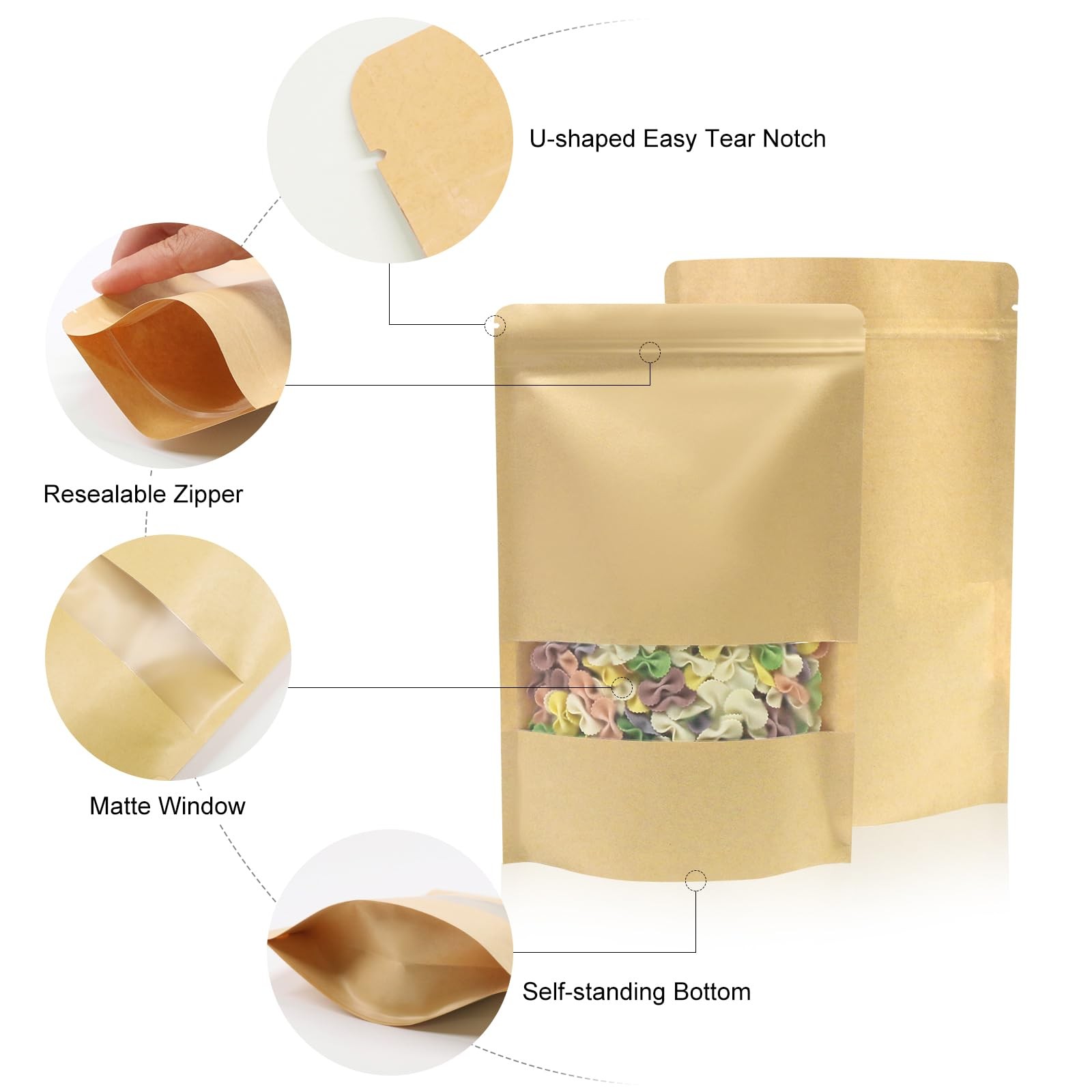 Kraft Food Bags with Window – Resealable Kraft Stand Up Pouches, 50Pack 4.7×7…