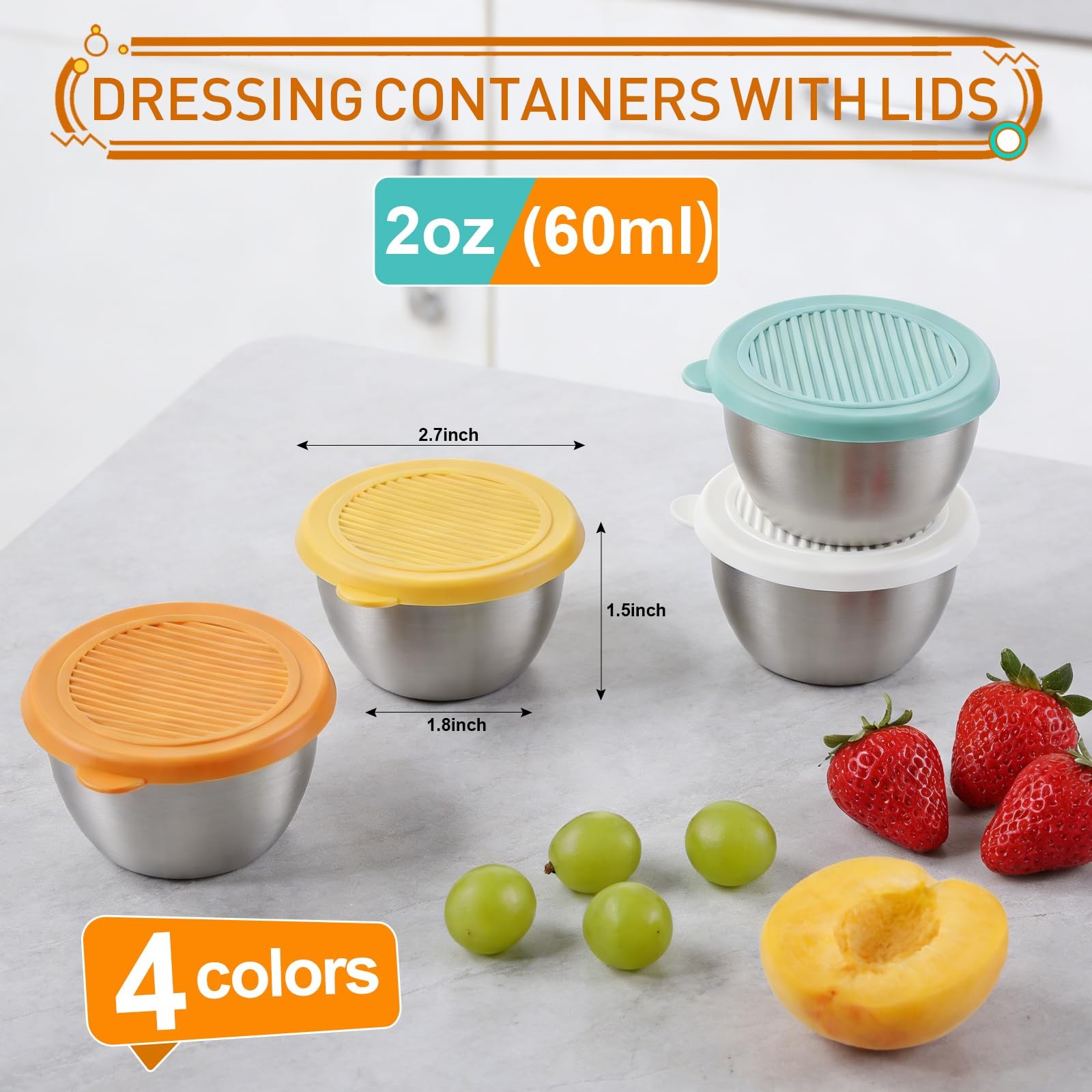 4 Pack Stainless Steel 2oz Salad Dressing Containers with Lids Sauce Cups