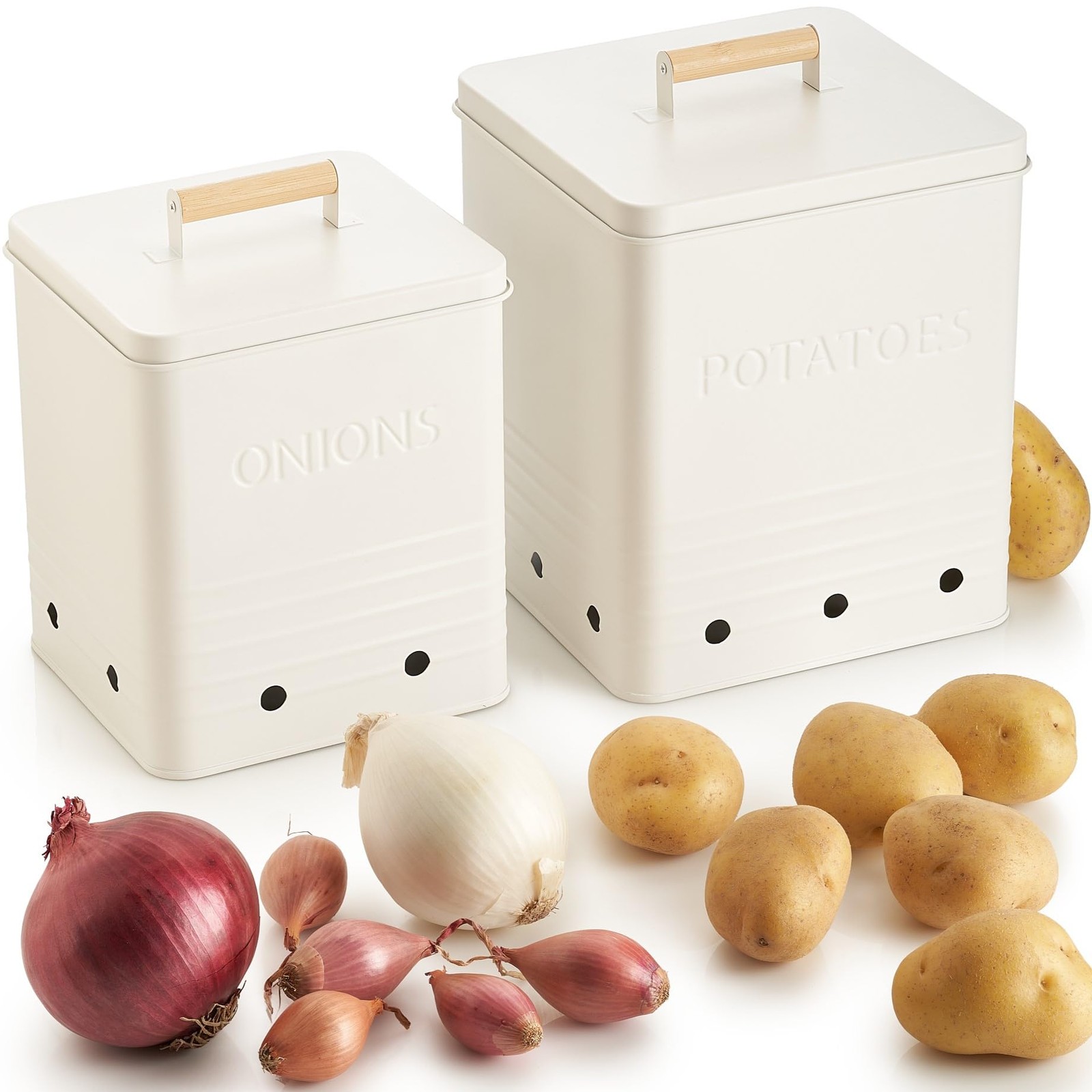 Metal Potato Onion Storage Canister Set Spacious Kitchen Counter Bins